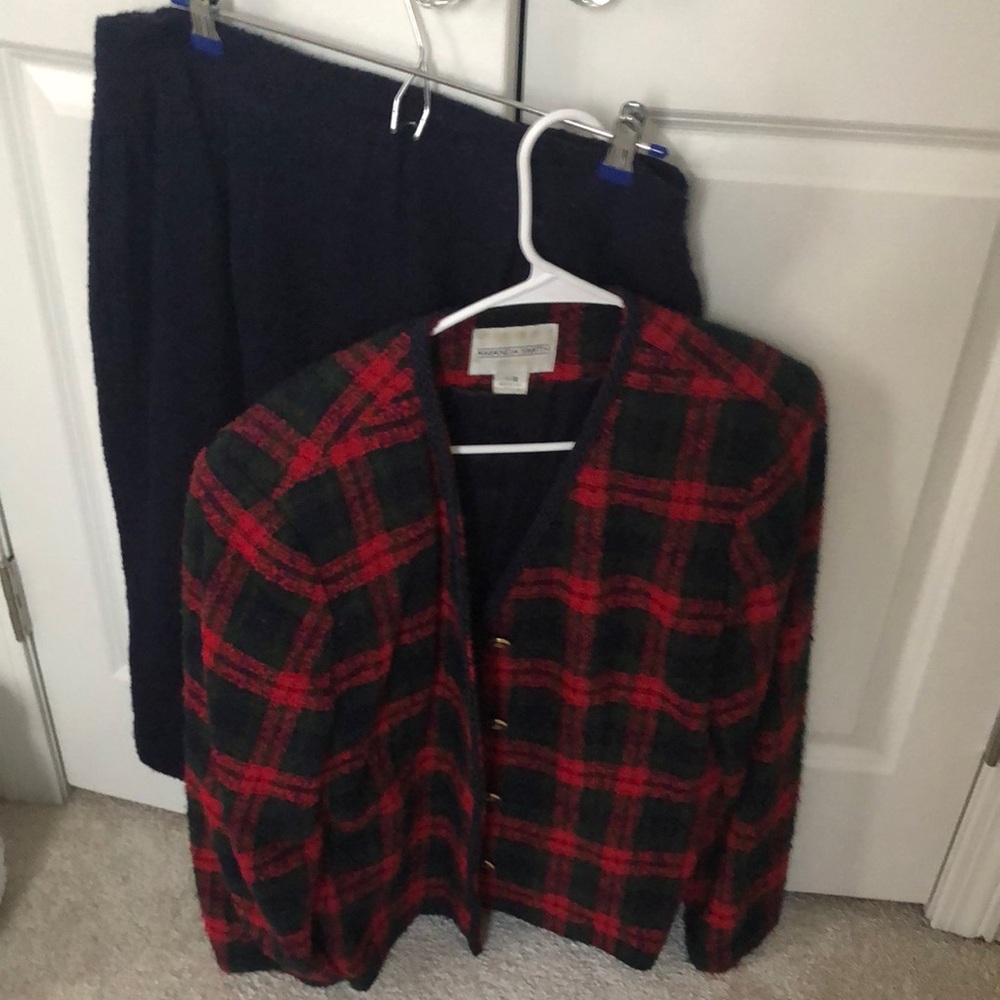 Red and Black Plaid Jacket with Black Skirt